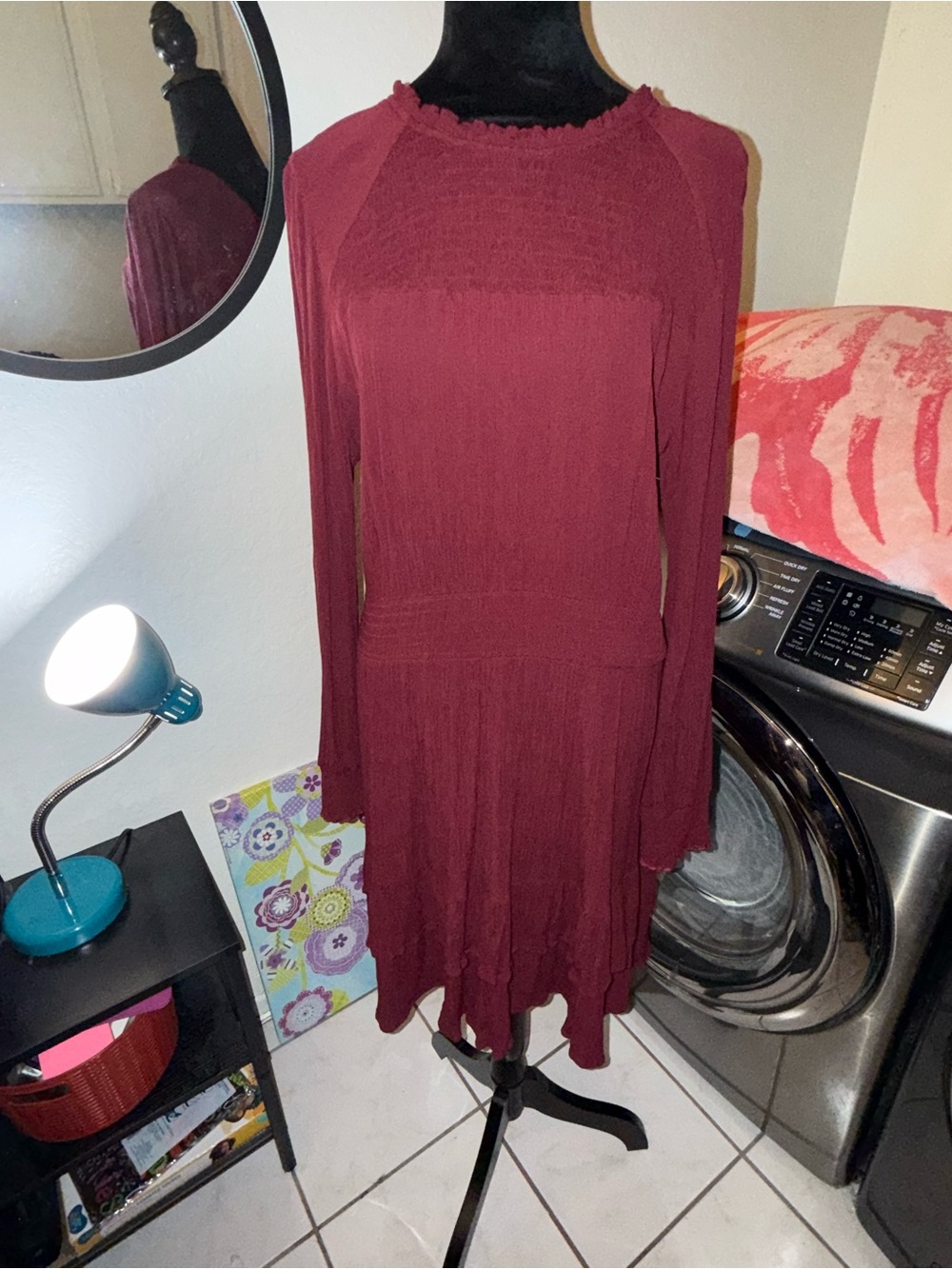 Knox Rose Long-Sleeve Crinkle A-Line Dress in Wine